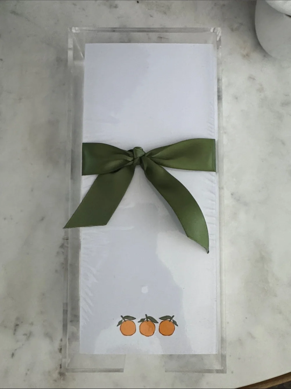 White Notepad with Orange Fruit Motif and Olive Green Bow
